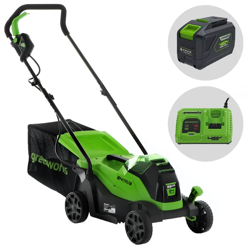 Greenworks GD24LM33 - Tondeuse à gazon à batterie - 24 V/10 Ah - Largeur de coupe 33 cm