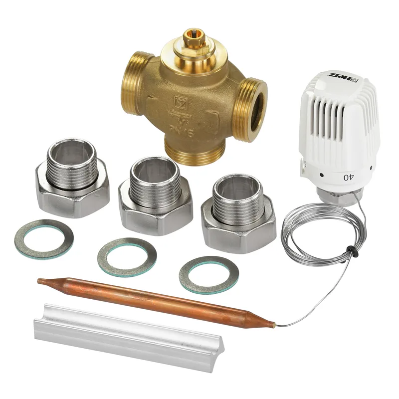 ATMOS vanne de répartition à 3 voies DN25 avec 3 raccords + tête thermostatique 20-50 °C